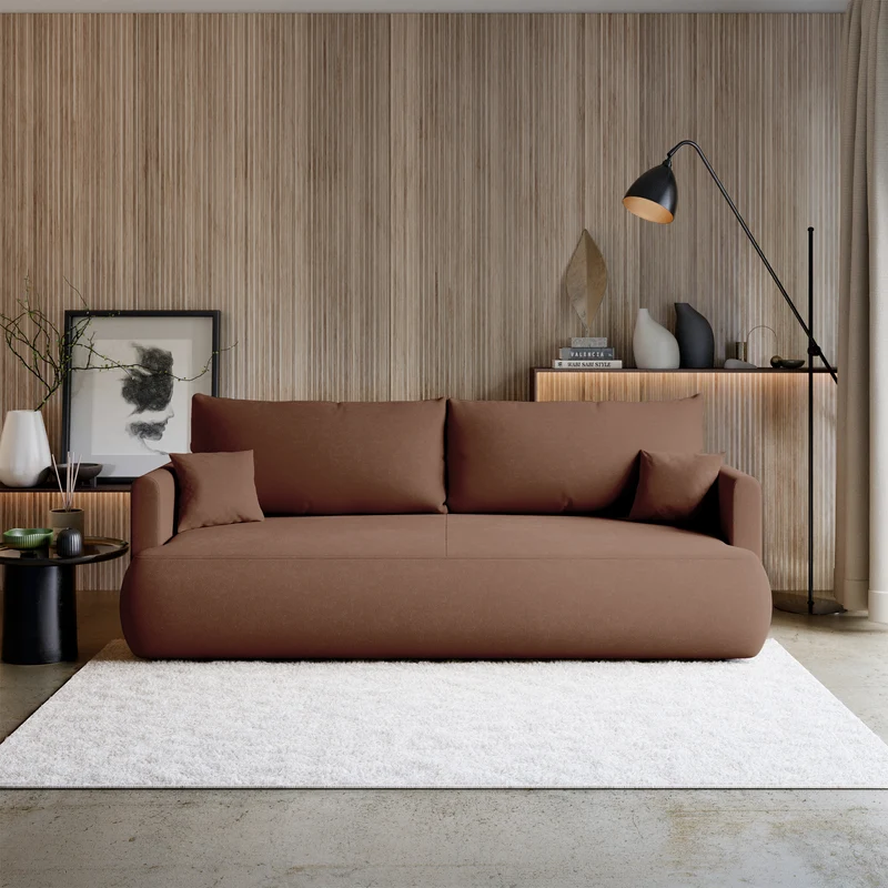 Dreisitziges ausklappbares Sofa Ovo Mini mit Stauraum, olivgrüner Chenille, leicht zu reinigen