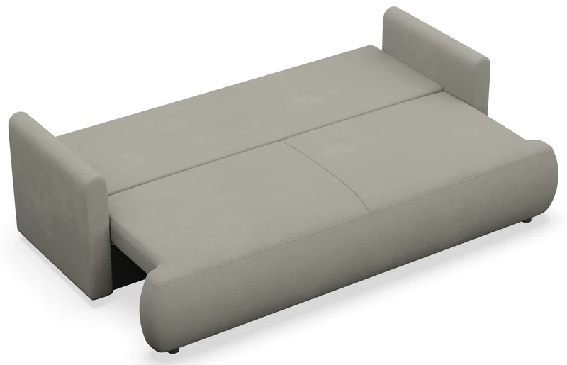 Dreisitziges ausklappbares Sofa Ovo Mini mit Stauraum, hellgrauer Chenille-Stoff, pflegeleicht
