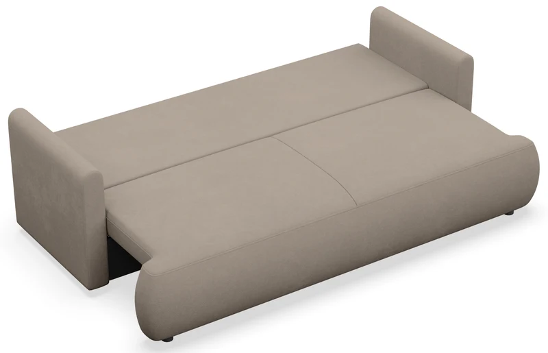 Dreisitziges ausklappbares Sofa Ovo Mini mit Stauraum, hellbeiger Chenille-Stoff, pflegeleicht