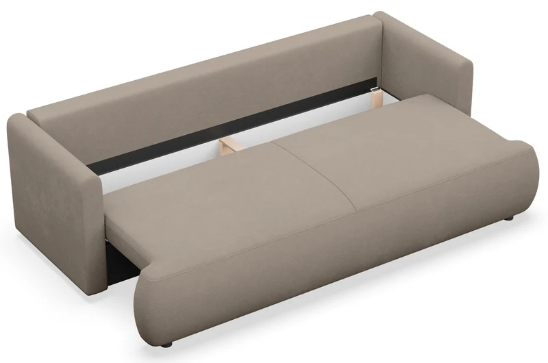 Dreisitziges ausklappbares Sofa Ovo Mini mit Stauraum, hellbeiger Chenille-Stoff, pflegeleicht