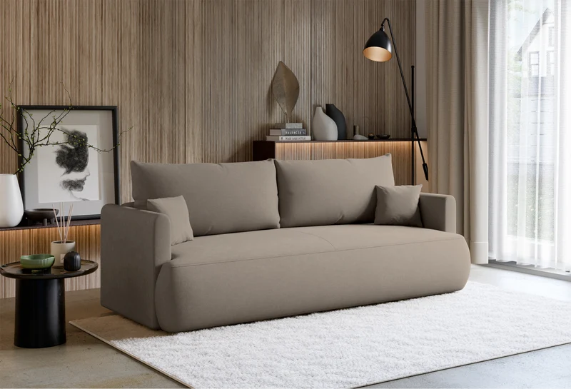 Dreisitziges ausklappbares Sofa Ovo Mini mit Stauraum, hellbeiger Chenille-Stoff, pflegeleicht
