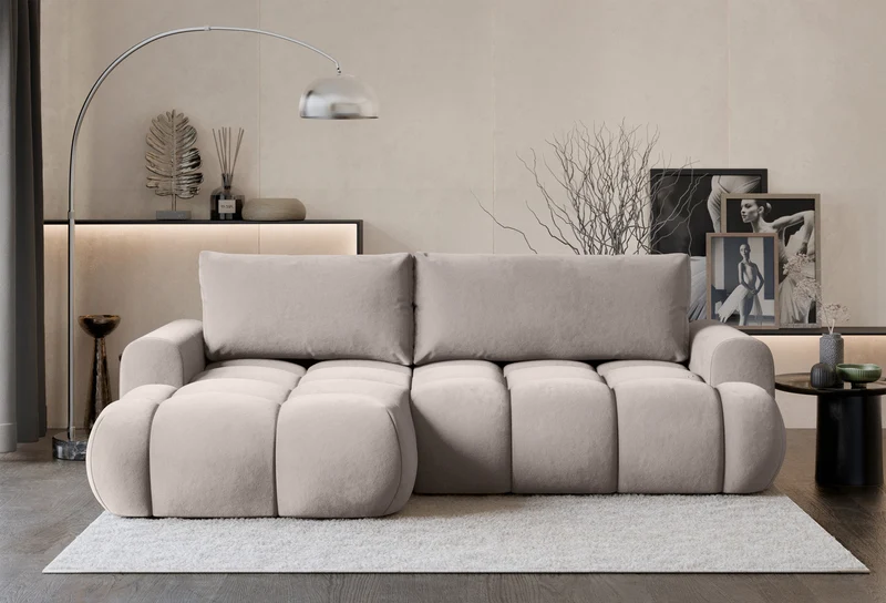 Ecksofa mit Schlaffunktion Ombo Mini, L-förmig, linksseitig, mit Stauraum, grau-beiger hydrophober Samt