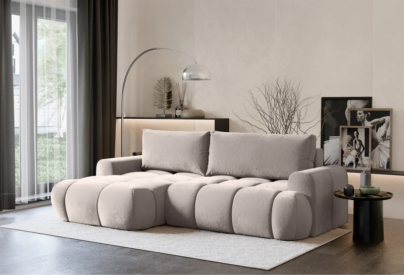 Ecksofa mit Schlaffunktion Ombo Mini, L-förmig, linksseitig, mit Stauraum, grau-beiger hydrophober Samt