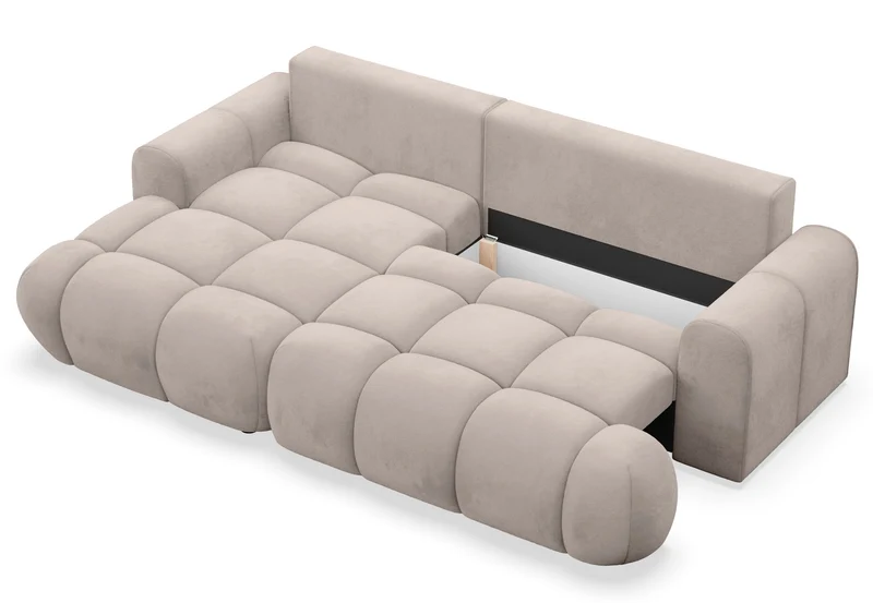 Ecksofa mit Schlaffunktion Ombo Mini, L-förmig, linksseitig, mit Stauraum, grau-beiger hydrophober Samt