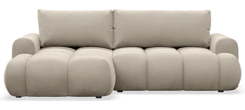 Ecksofa mit Schlaffunktion Ombo Mini, L-förmig, linksseitig, mit Stauraum, grau-beiger Bouclé-Stoff
