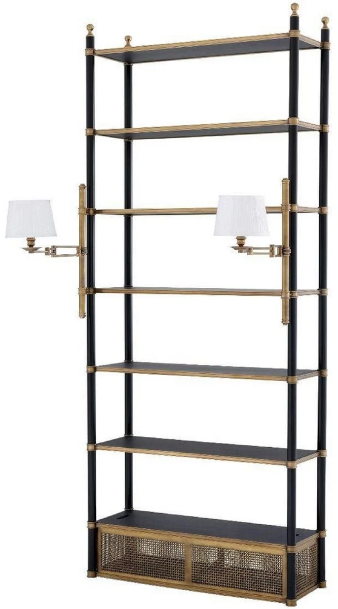Casa Padrino Luxus Regalschrank mit 2 schwenkbaren Leuchten Vintage Messing / Schwarz 105 x 44 x H. 250 cm - Bücherschrank - Wohnzimmerschrank - Büroschrank - Luxus Möbel