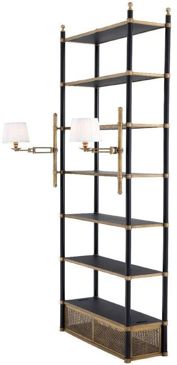 Casa Padrino Luxus Regalschrank mit 2 schwenkbaren Leuchten Vintage Messing / Schwarz 105 x 44 x H. 250 cm - Bücherschrank - Wohnzimmerschrank - Büroschrank - Luxus Möbel