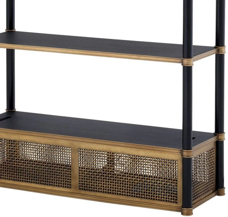 Casa Padrino Luxus Regalschrank mit 2 schwenkbaren Leuchten Vintage Messing / Schwarz 105 x 44 x H. 250 cm - Bücherschrank - Wohnzimmerschrank - Büroschrank - Luxus Möbel