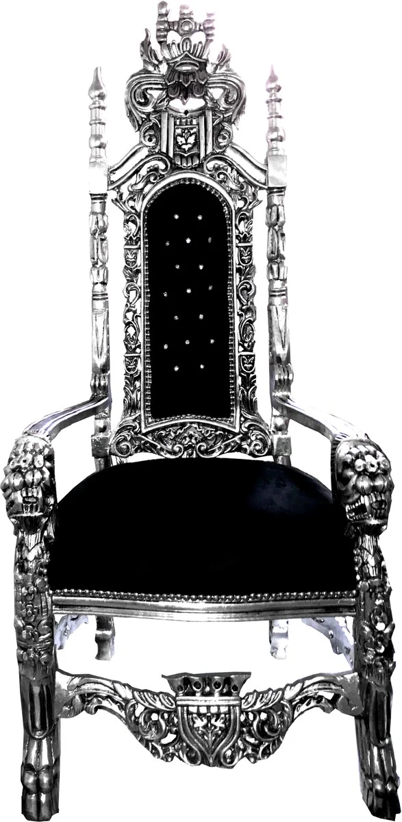 Casa Padrino Barock Thron Sessel Schwarz / Silber mit Bling Bling Glitzersteinen - Königssessel - Hochzeitssessel - Riesensessel