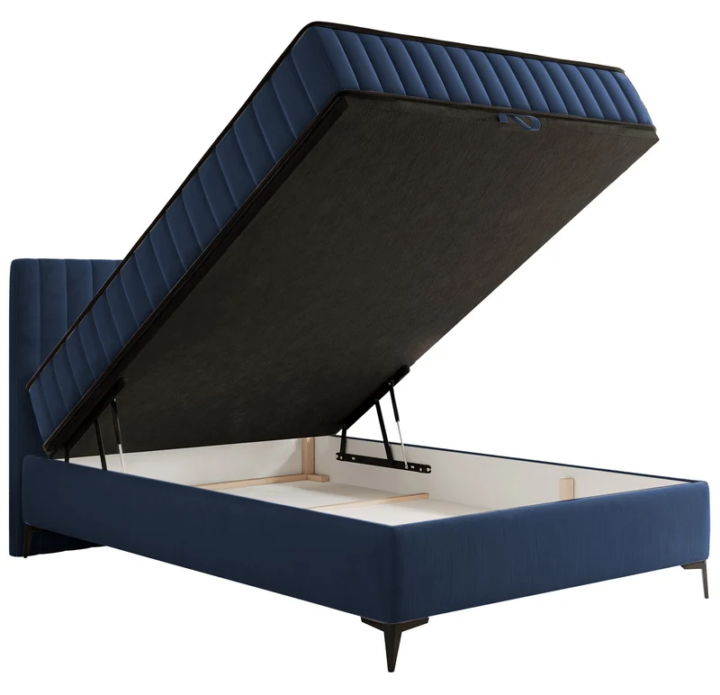 Kontinentalbett 140x200 cm Mufasso mit Stauraum, marineblauer Velours, wasserabweisend