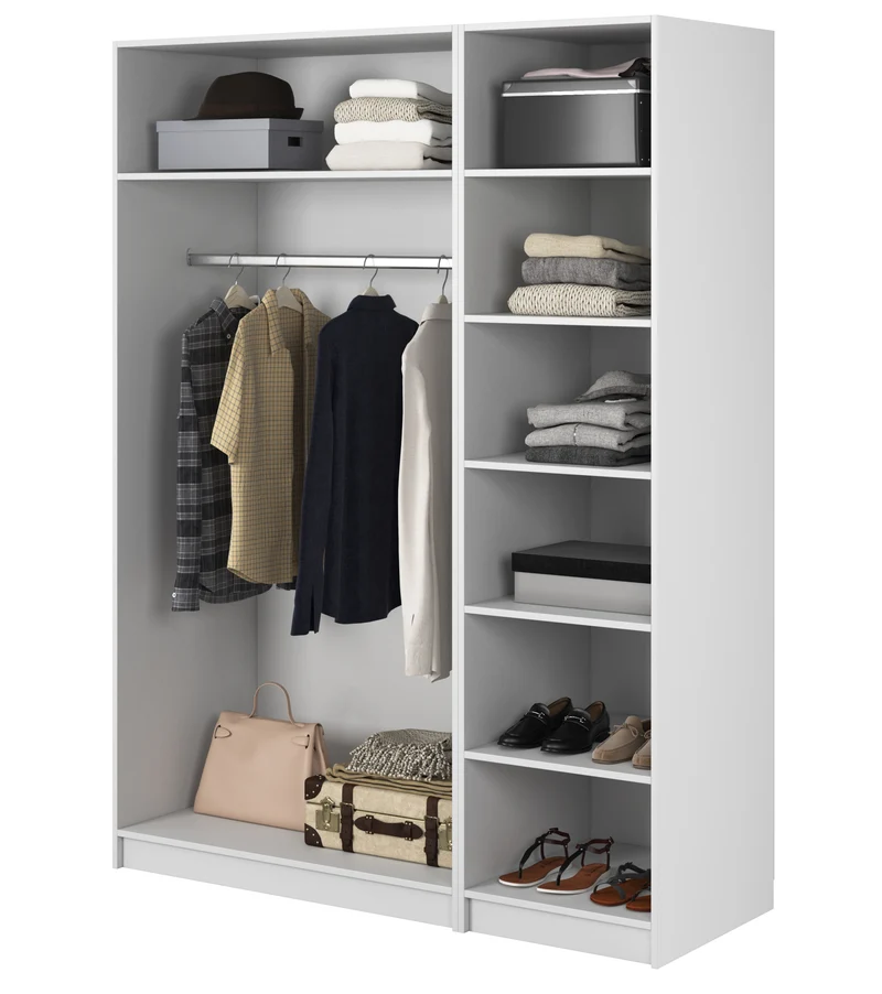 Drehtürenschrank Moonir mit langem Kleiderstange und sieben Regalen, 150 cm, Weiß
