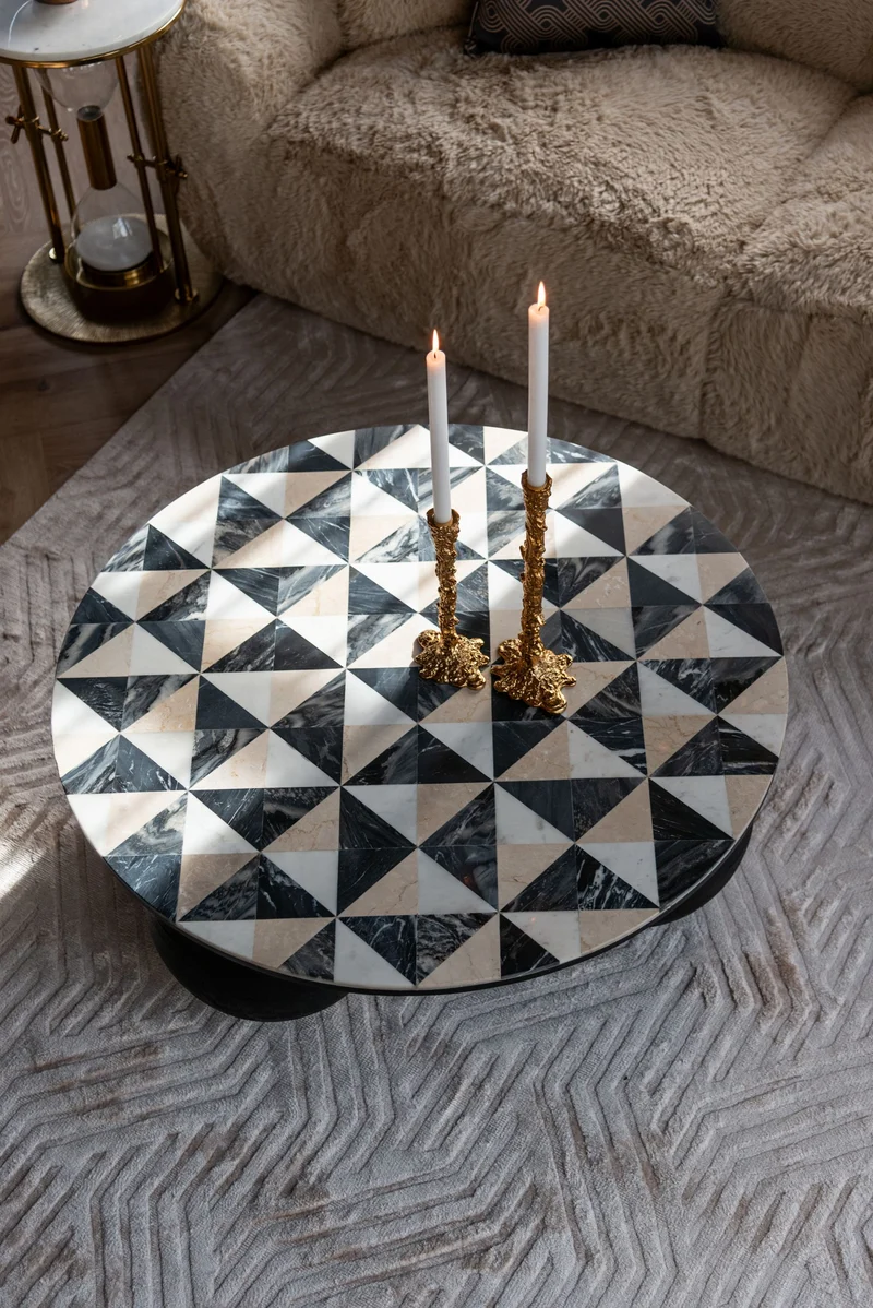 Richmond Beistelltisch Tempus gold – Marmor & Glas, Sanduhr-Design
