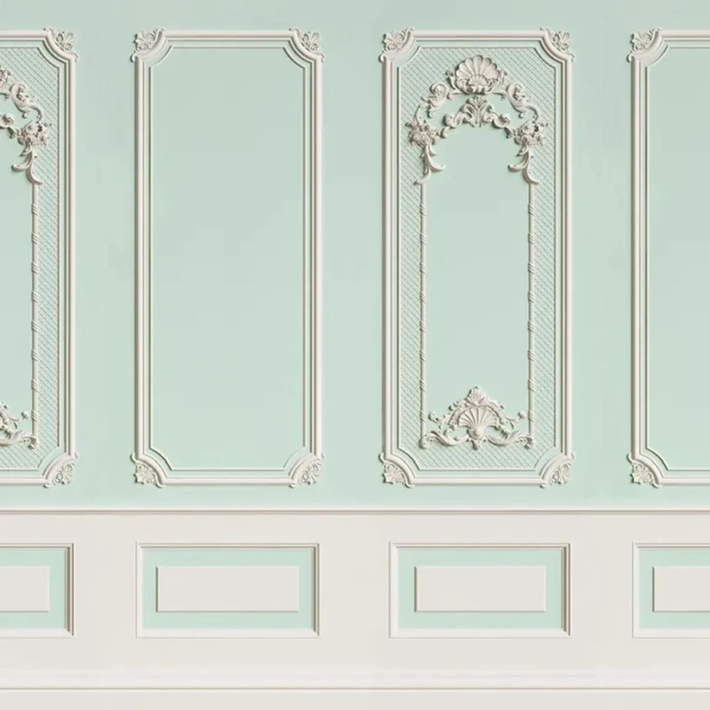 Casa Padrino Luxus Barock Vliestapete Mintgrün / Grau - Barockstil Wohnzimmer Tapete mit elegantem Stuck Muster - Wanddeko im Barockstil - Barock Tapeten - Tapeten im Barockstil