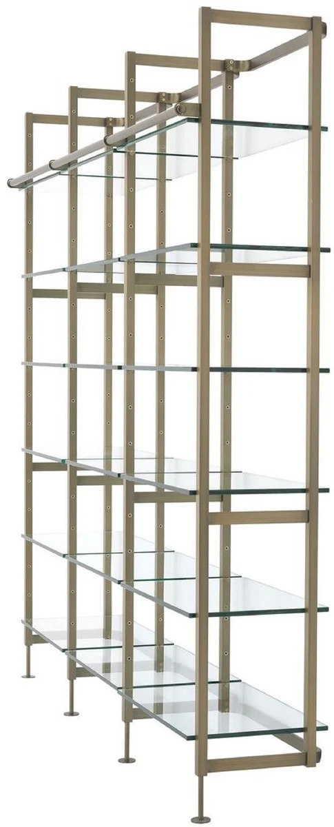 Casa Padrino Luxus Regalschrank Messingfarben 222,5 x 51 x H. 238 cm - Edelstahl Schrankwand mit 18 verstellbaren Glasregalen - Wohnzimmerschrank - Büroschrank - Luxus Möbel