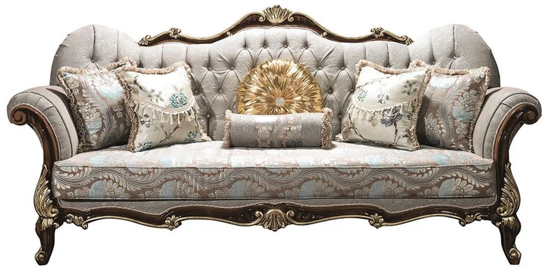 Casa Padrino Luxus Barock Wohnzimmer Sofa mit Glitzersteinen und dekorativen Kissen Silbergrau / Braun / Gold 230 x 85 x H. 120 cm - Barock Möbel