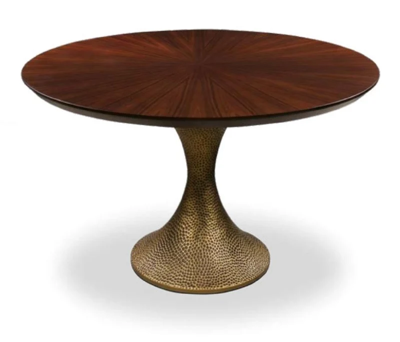 Casa Padrino Luxus Esstisch Braun / Antik Gold Ø 120 x H. 76 cm - Runder Küchentisch mit edler Eichenfurnier Tischplatte und Tischbein in gehämmerter Optik - Luxus Esszimmmer Möbel