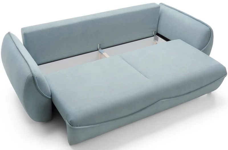 Dreisitziges ausklappbares Sofa Cutie mit Stauraum, hellblauer Samt, pflegeleicht