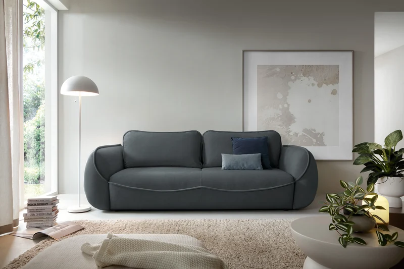 Dreisitziges Schlafsofa Cutie mit Stauraum, Graphit, Velours, pflegeleicht