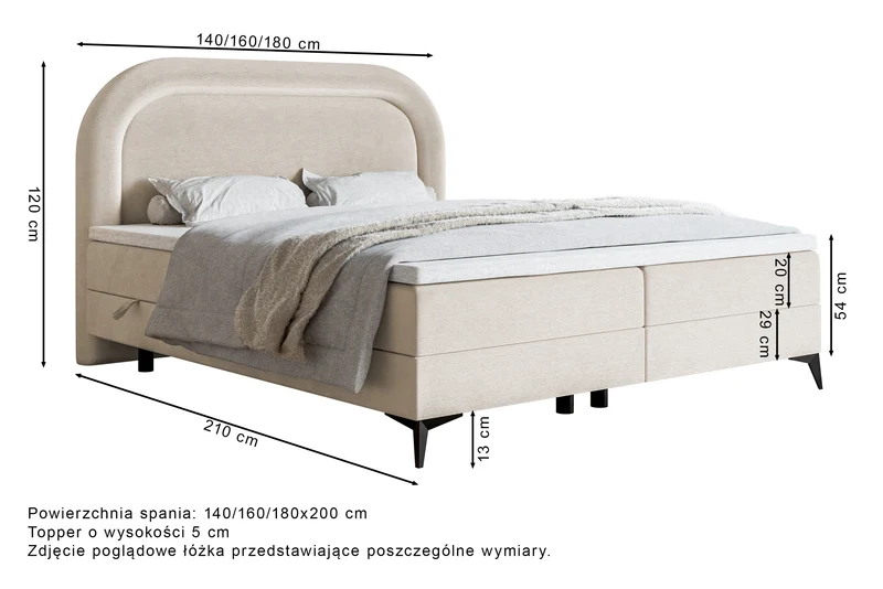 Kontinentalbett 160x200 cm Loreo mit Topper und Stauraum, Tauben-Velours, wasserabweisend
