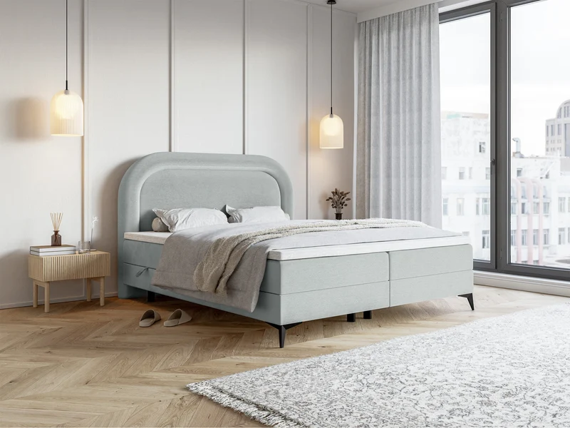 Kontinentales Bett 180x200 cm Loreo mit Topper und Stauraum, Taubengrauer wasserabweisender Samt