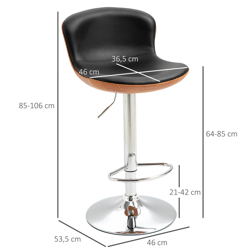 HOMCOM - Barhocker höhenverstellbar, Barhocker 2er set, mit Fußstütze, Barstuhl mit Rückenlehne, Bistrohocker, Barhocker küche drehbar, PU, Schwarz