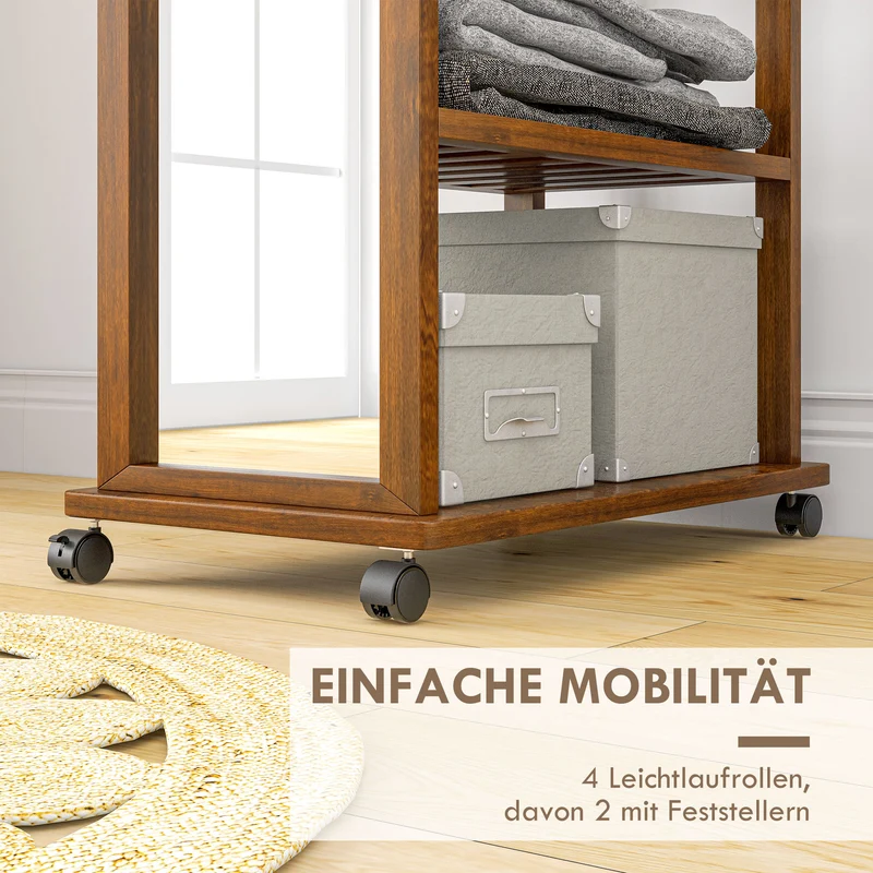HOMCOM – Standspiegel mit Garderobe, Kleiderstange, 3 Ablagen und Rollen, Kiefernholz, Walnuss
