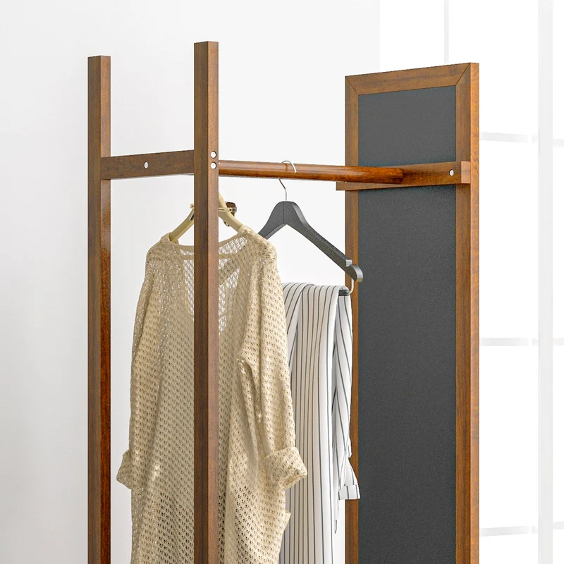 HOMCOM – Standspiegel mit Garderobe, Kleiderstange, 3 Ablagen und Rollen, Kiefernholz, Walnuss