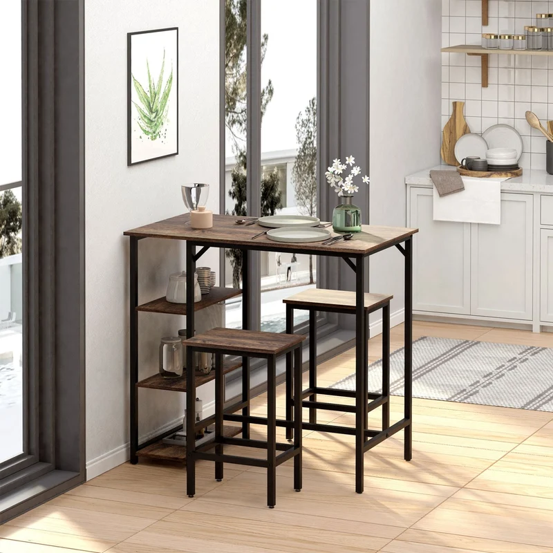HOMCOM – 3-teiliges Bartisch-Set mit 2 Hockern und 3 Ablagen, Spanplatte und Stahl, Braun/Schwarz