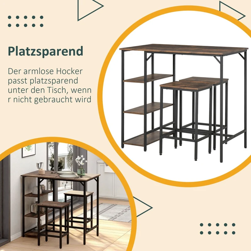 HOMCOM – 3-teiliges Bartisch-Set mit 2 Hockern und 3 Ablagen, Spanplatte und Stahl, Braun/Schwarz