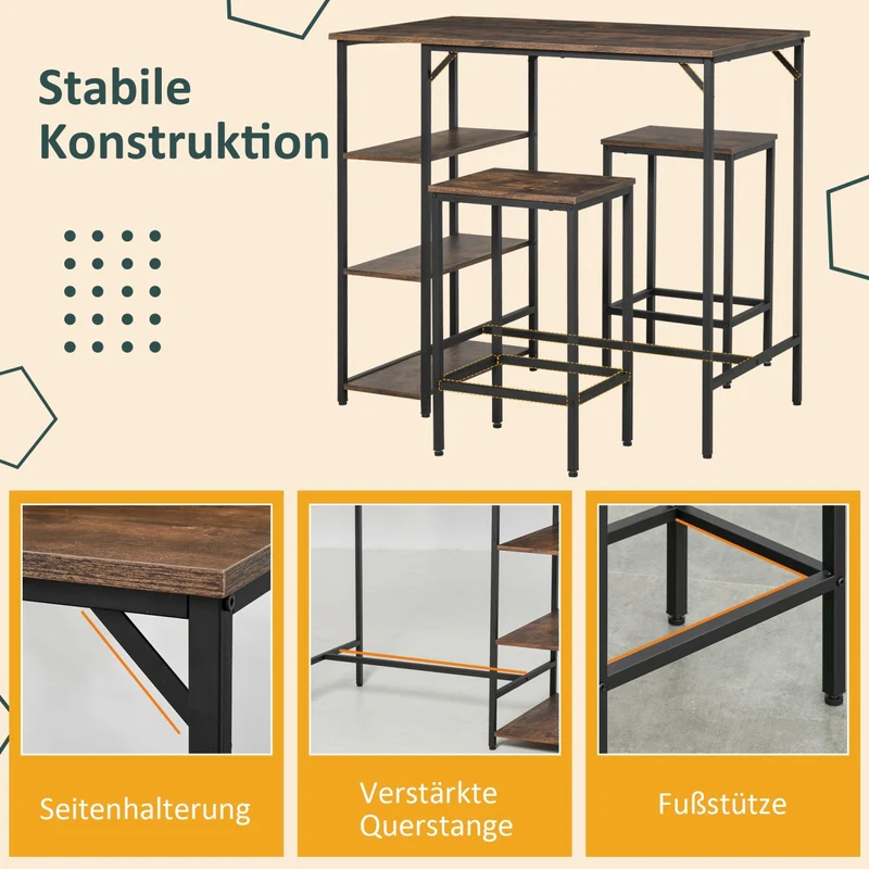 HOMCOM – 3-teiliges Bartisch-Set mit 2 Hockern und 3 Ablagen, Spanplatte und Stahl, Braun/Schwarz