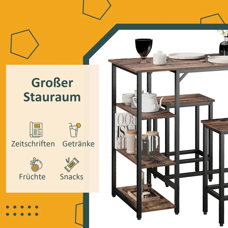 HOMCOM – 3-teiliges Bartisch-Set mit 2 Hockern und 3 Ablagen, Spanplatte und Stahl, Braun/Schwarz