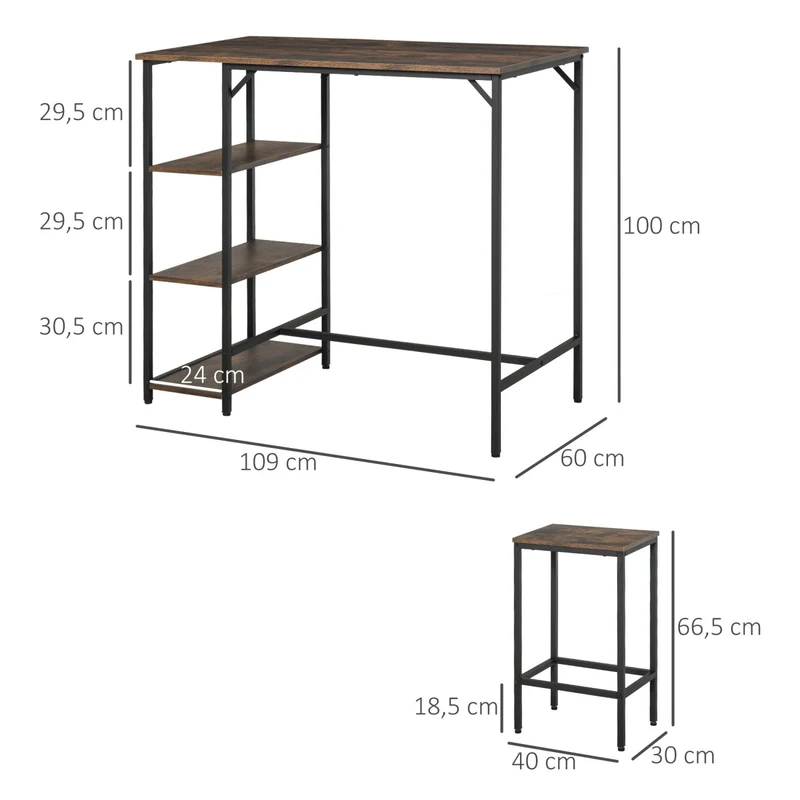 HOMCOM – 3-teiliges Bartisch-Set mit 2 Hockern und 3 Ablagen, Spanplatte und Stahl, Braun/Schwarz