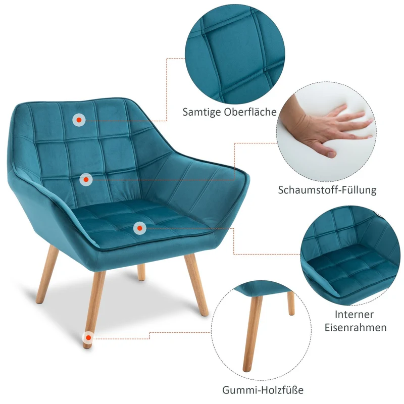 HOMCOM - Sessel Modern, Einzelsessel, TV Sessel, Ohrensessel Relaxsessel, Samt, erhöhte Beine, samtartiges Polyester, skandinavisch design