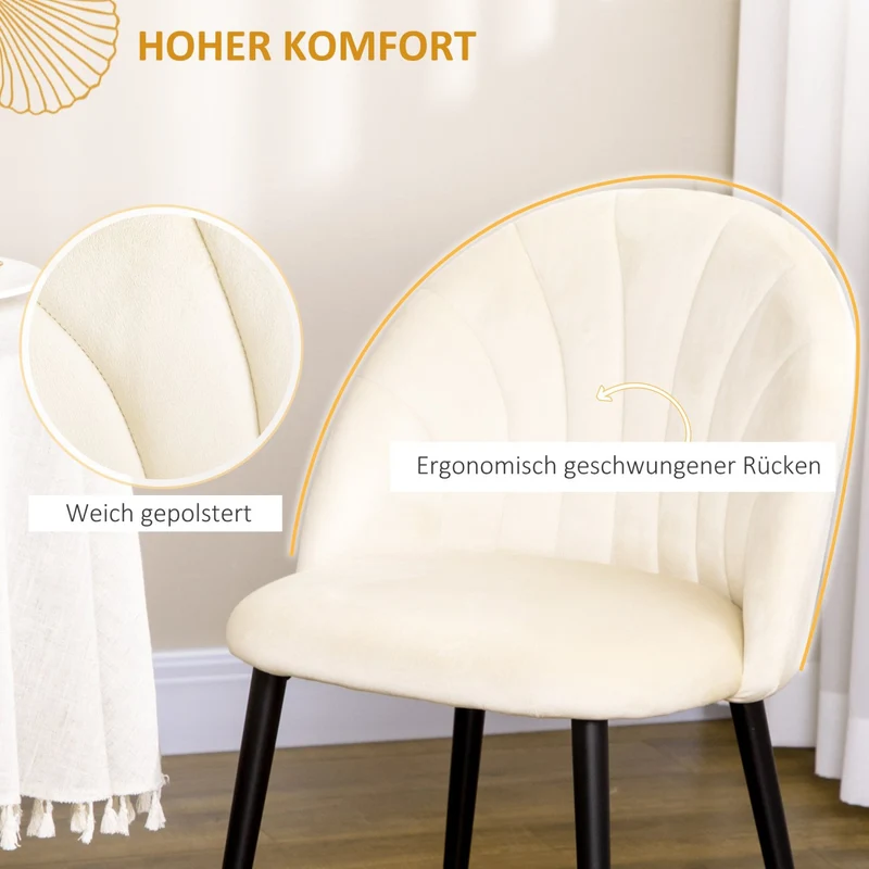 HOMCOM - Esszimmerstühle, Esstisch stühle, Küchenstühle, 2er-Set, Polsterstuhl mit Rückenlehne, Essstuhl, Samtoptik, Stahlbeine, Crème
