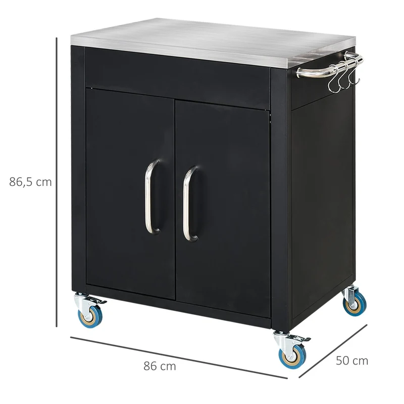 HOMCOM – Küchenwagen mit Edelstahl-Arbeitsplatte, Schrank, 6 Haken und 4 Rollen, Schwarz.