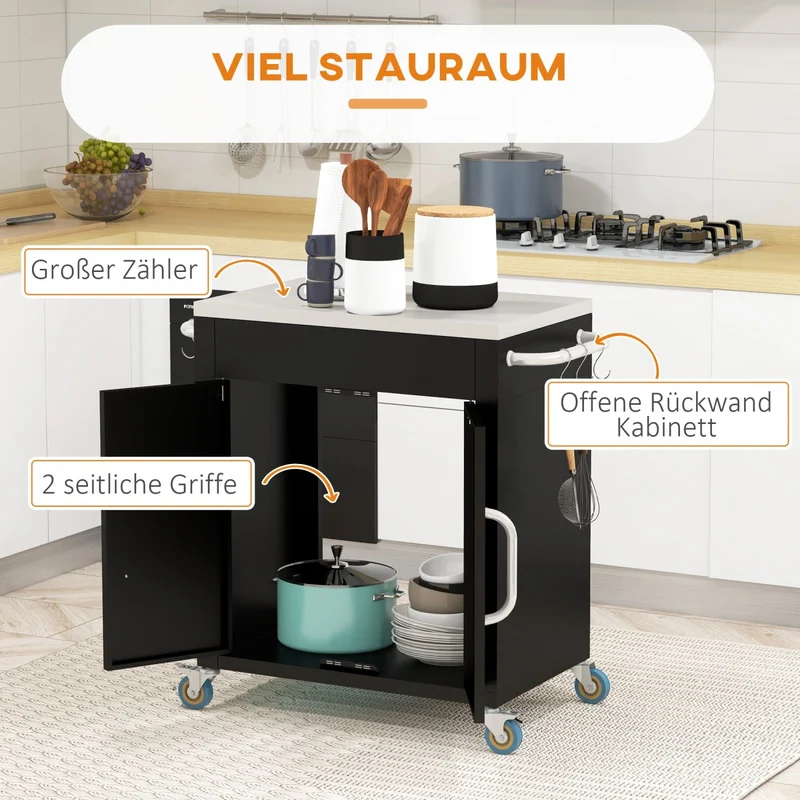 HOMCOM – Küchenwagen mit Edelstahl-Arbeitsplatte, Schrank, 6 Haken und 4 Rollen, Schwarz.