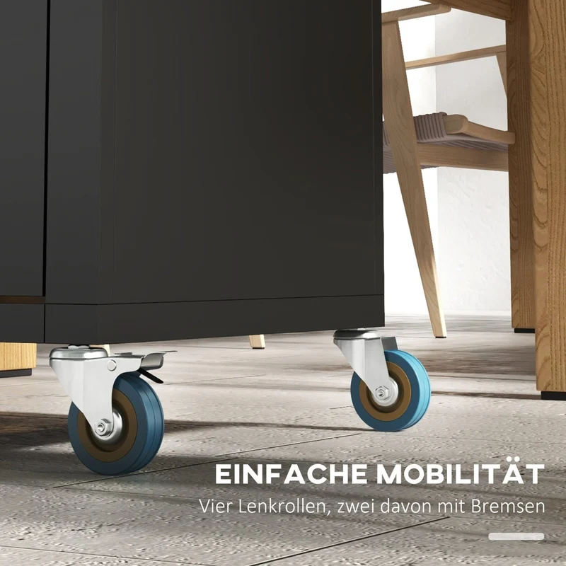 HOMCOM – Küchenwagen mit Edelstahl-Arbeitsplatte, Schrank, 6 Haken und 4 Rollen, Schwarz.