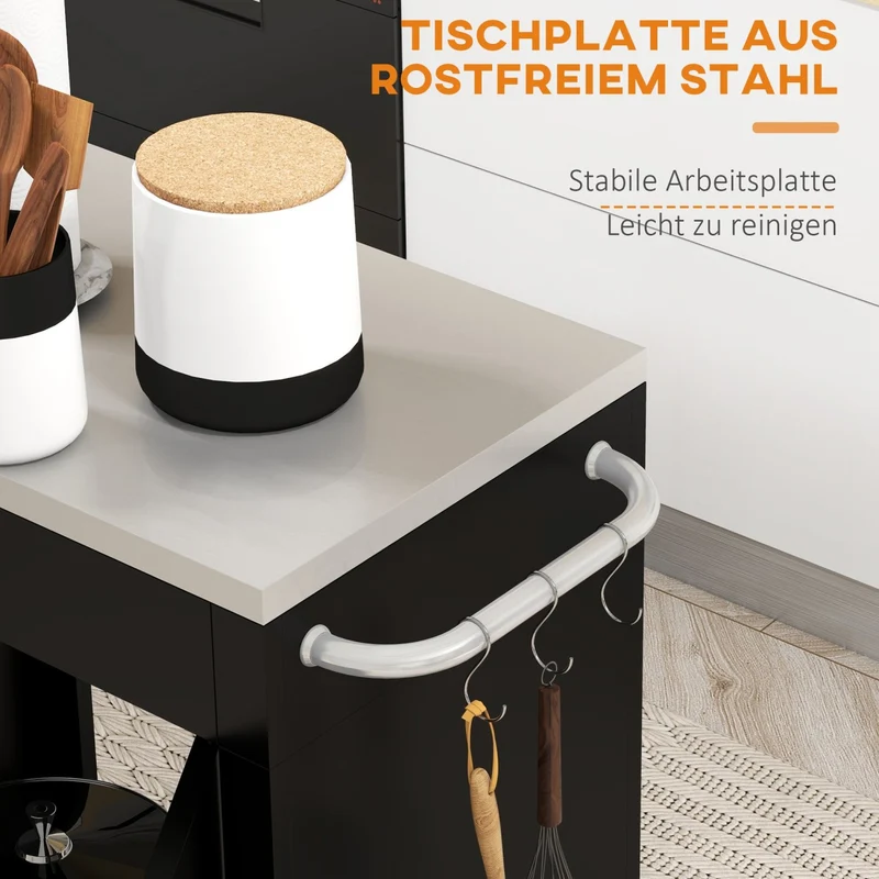 HOMCOM – Küchenwagen mit Edelstahl-Arbeitsplatte, Schrank, 6 Haken und 4 Rollen, Schwarz.