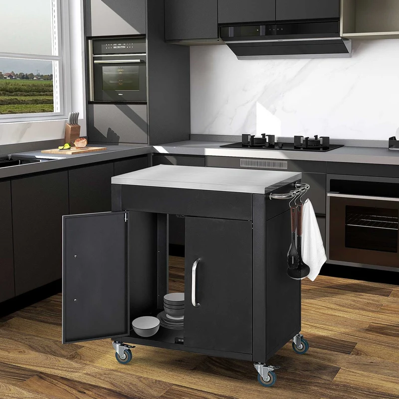 HOMCOM – Küchenwagen mit Edelstahl-Arbeitsplatte, Schrank, 6 Haken und 4 Rollen, Schwarz.