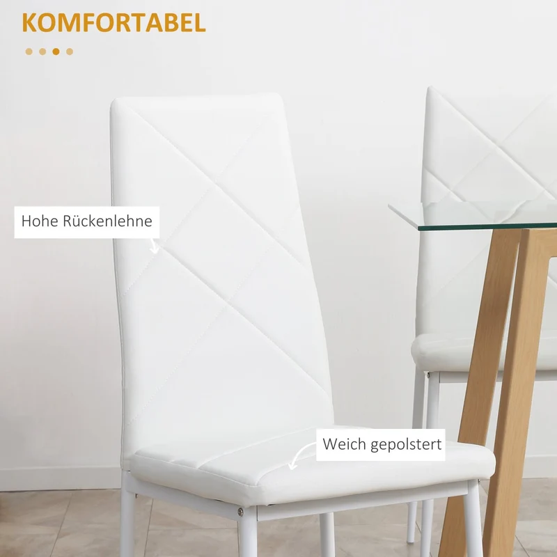 HOMCOM - Esszimmerstühle, Esstisch stühle, Küchenstühle, 4er-Set, Gepolsterte, Essstuhl, Polsterstuhl mit Stahlbeine, Kunstleder, Weiß