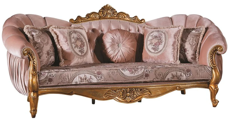 Casa Padrino Luxus Barock Sofa Rosa / Gold 220 x 90 x H. 110 cm - Prunkvolles Wohnzimmer Sofa mit Glitzersteinen und dekorativen Kissen