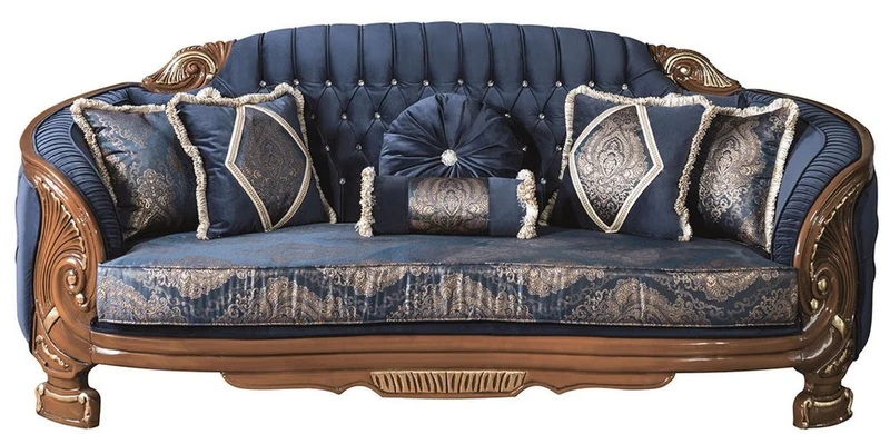 Casa Padrino Luxus Barock Wohnzimmer Sofa mit Glitzersteinen und dekorativen Kissen Blau / Braun 240 x 90 x H. 105 cm - Edel & Prunkvoll