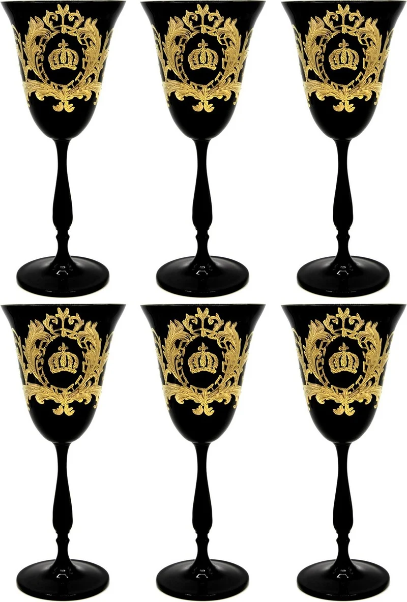 Pompöös by Casa Padrino Luxus Weißweinglas Set Schwarz / Gold Ø 8,7 x H. 20,3 cm - Weißweingläser mit 24 Karat Vergoldung - Pompööse Weingläser designed by Harald Glööckler