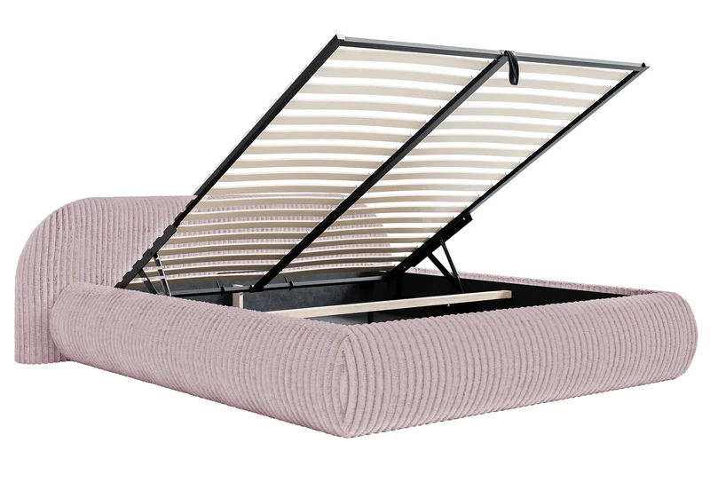 Gepolstertes Bett 160x200 cm Shels Low mit Stauraum, Metallrahmen, rosa dicker Cordstoff