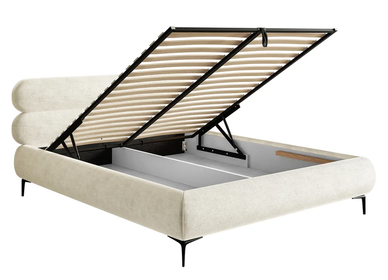 Polsterbett 140x200 cm Roule mit Stauraum, Metallrahmen, cremefarbener Chenille, schwarze Beine