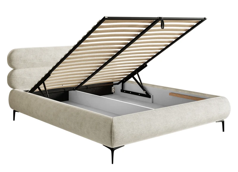 Polsterbett 180x200 cm Roule mit Stauraum, Metallrahmen, hellbeiger Chenille, schwarze Beine