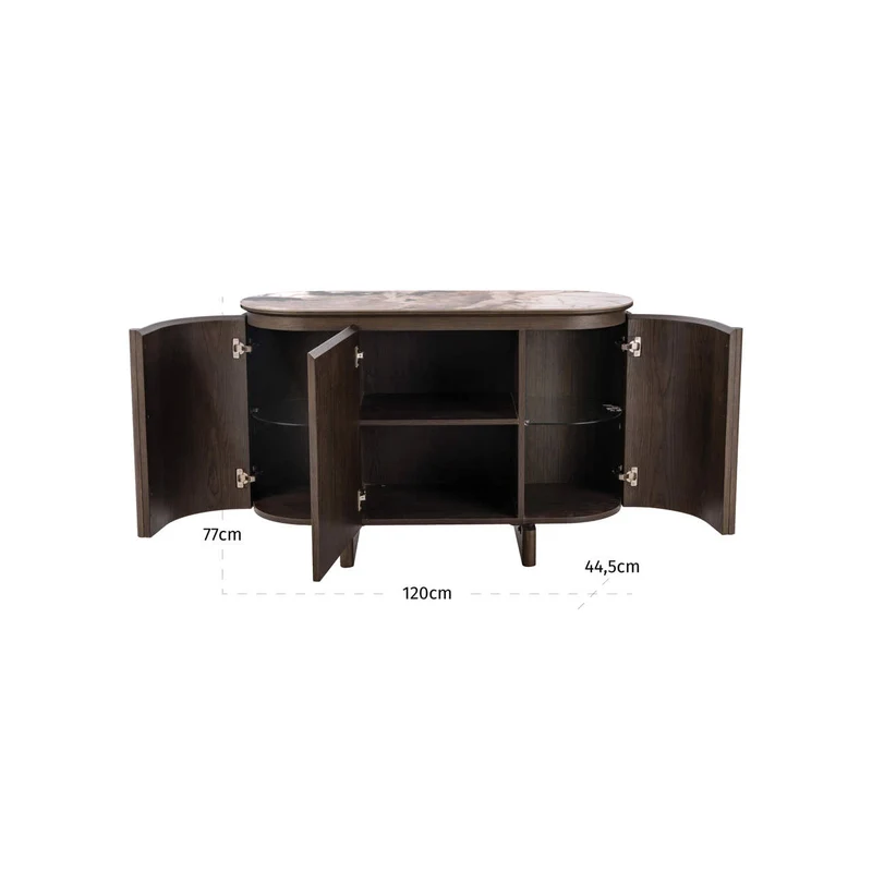 Sideboard Langford Braun, 3 Türen, Keramik-Travertin-Platte, 120 cm
