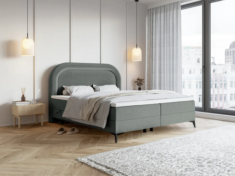 Kontinentalbett 140x200 cm Loreo mit Topper und Stauraum, grauer Velours, wasserabweisend