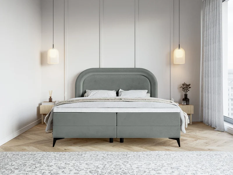Kontinentalbett 160x200 cm Loreo mit Topper und Stauraum, grauer wasserabweisender Samt