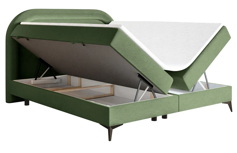 Kontinentales Bett 160x200 cm Loreo mit Topper und Stauraum, eukalyptusfarbener Velours, wasserabweisend